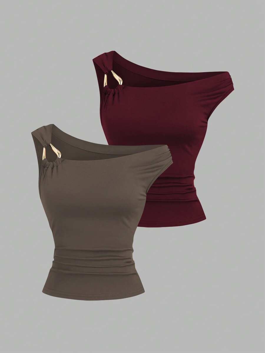 Sweetra 2pcs/Set Asymmetric Collar Fitted T-Shirt, Versatile Casual Top, Spring/Summer - Multicolor - View 1