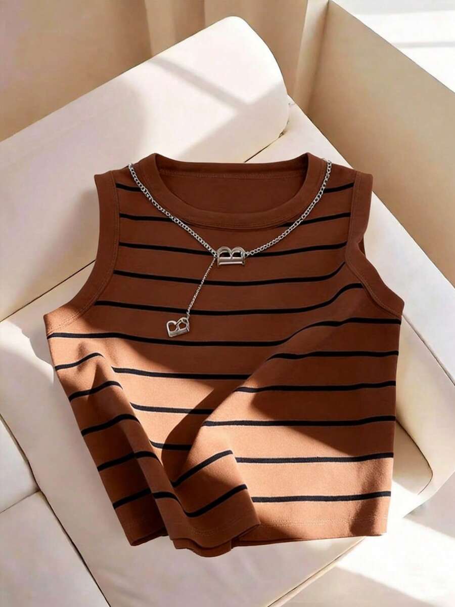 Plus Size Women Striped Round Neck Casual Versatile Tank Top - Brown - View 1