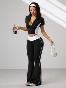Dewbera Women's Black And White Summer Sexsy Gym Sports Yoga Suit,Short Sleeve Zip-Up Jacket,V-Shape Contrast Waistband Flared Leg Pants,Side Stripe Accent - Black - View 6