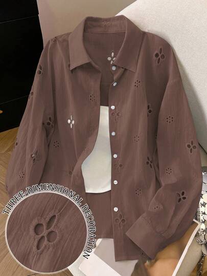 Franclia Blouse de vacances à manches longues avec décoration de boutons ajourés pour femmes