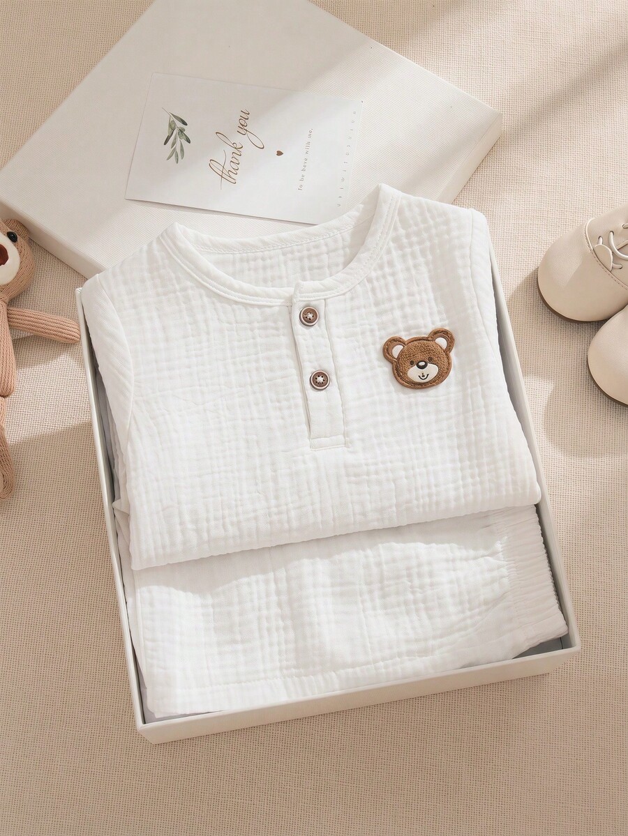 Souflis Souflis 2pcs/Set Cute Bear Pattern Short Sleeve Top And Pants Set, Casual French Style Baby Boy Outfit Baby Boy Short Set