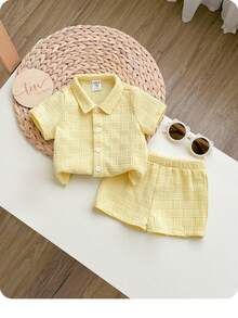 SHEIN Neugeborenes Baby Mädchen süßes lässiges Sommer Set aus gelbem Poloshirt mit Kurzarm und Shorts mit elastischem Bund - Gelb - Übersicht 7