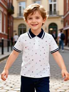 SHEIN Streecool Kids 小男孩 Polo 衫，白色夏季家庭度假套裝，小鳥、帆船、棕櫚樹印花，羅紋領，對比袖口，海灘度假風 - 白色 - 查看 10