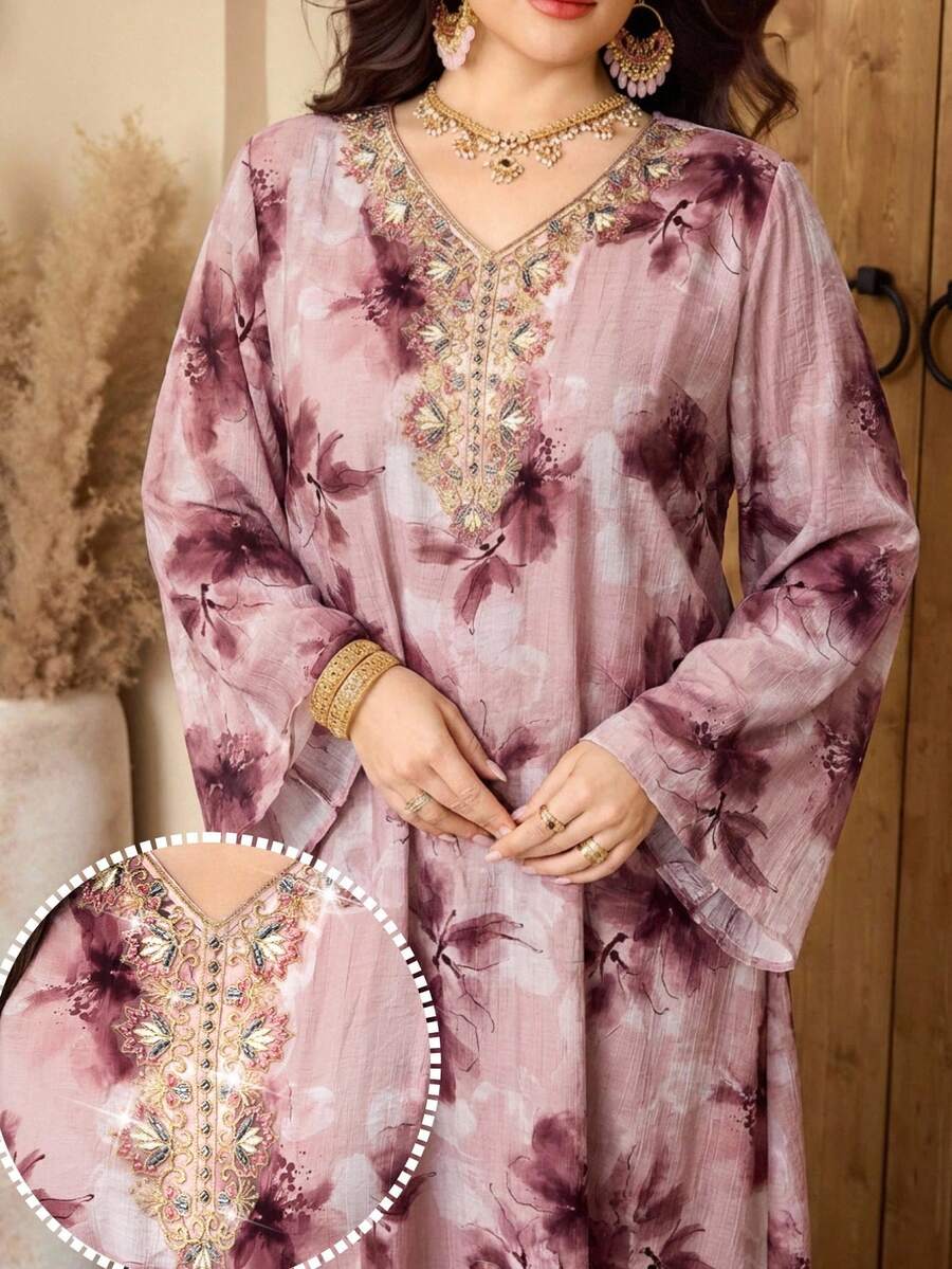 Al Najma Maxikleid in Große Größen für Damen mit Blume Muster, V-Ausschnitt und Langarm im türkischen und arabischen traditionellen Stil - Verschiedenfarbig - Übersicht 1
