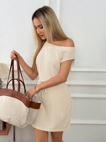 Easowa Women's Solid Color Minimalist Daily Wear Asymmetrical Shoulder Short Dress Summer Dresses For Women Festival Beach Casual Country Clothing - Apricot - View 6