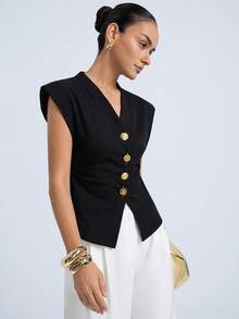 Aveloria Modichic 新款时尚高端收腰V领盖袖背心，优雅开叉不对称金属纽扣百搭通勤衬衫 - 黑色 - 查看 4