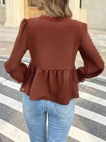 Serisse Blusa de manga larga con cuello en V, unicolor, con volantes y parches de encaje para el verano - Rojo - Ver 2