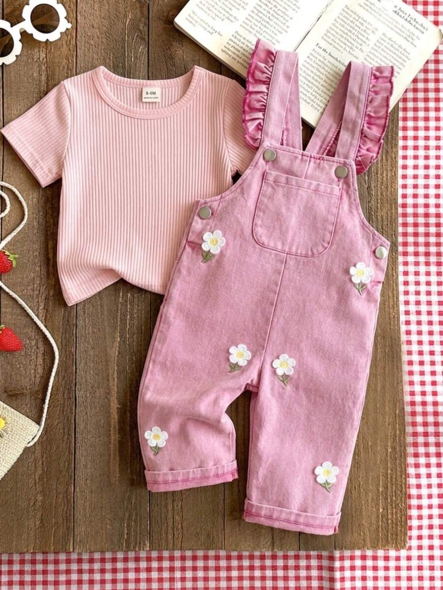 SHEIN Vintaside Kids 1件女婴蓝色牛仔休闲可爱刺绣花卉吊带连体裤,适合外出和派对穿着 - 粉色 - 查看 1