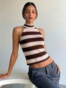 Aloruh Top de punto de rayas minimalista sin mangas, estilo universitario - Beis - Ver 5