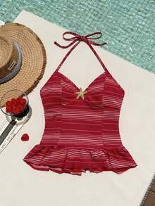 Sunnyshic Áo hai dây cổ yếm hở lưng xếp ly viền bèo nhún màu đỏ sọc dành cho nữ, thích hợp cho mùa xuân/hè, đi nghỉ mát, phong cách bohemian, đi làm, lãng mạn, thanh lịch, dễ thương, tối giản, đi học, đa năng mặc hàng ngày. - Đỏ - Xem 3