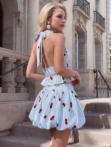 SHEIN Glamour Vacation Style Cherry Print Ruffle Halter Neck Camisole + Loose A-Line Casual Mini Skirt 2-Piece Set - Blue - View 2