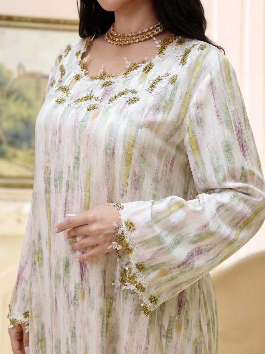 Al Najma 大码女式圆领蕾丝休闲派对长袍连衣裙 - 彩色 - 查看 1