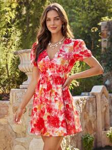 KARISMINA Vestido elegante de vacaciones con estampado floral y mangas de pétalos para mujer - Multicolor - Ver 8