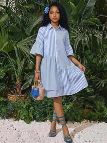 Leap Crew Teen Girl Blue & White Asymmetrical Striped Ruffle Blouse Collar Vacation Casual Woven Dress - Blue and White - View 3