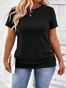 EMERY ROSE Casual Gothic Modest Traditional Short Sleeve Black Round Neck Hem Button Plus Size T-Shirt Holiday Work Summer - Black - View 3