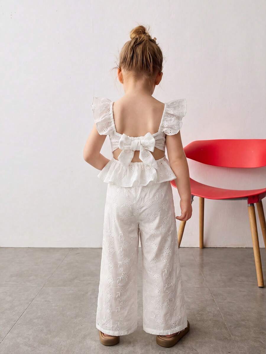 Maija Kids Young Girl Textured Jacquard Fabric Collared Ruffle Trim Top And Loose Wide Leg Pants 2 Pieces Set - White - View 1