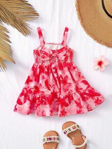 SHEIN Babygirl Summer Cute Leaf Print Spaghetti Strap Dress - Pink - View 2