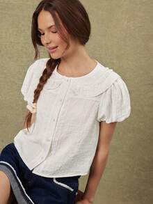 WESTFADE Ruffle Collar Short Puff Sleeve White Textured Woven & Lace Button Up Shirt, Country Style For Women, Female Country Look - White - View 6