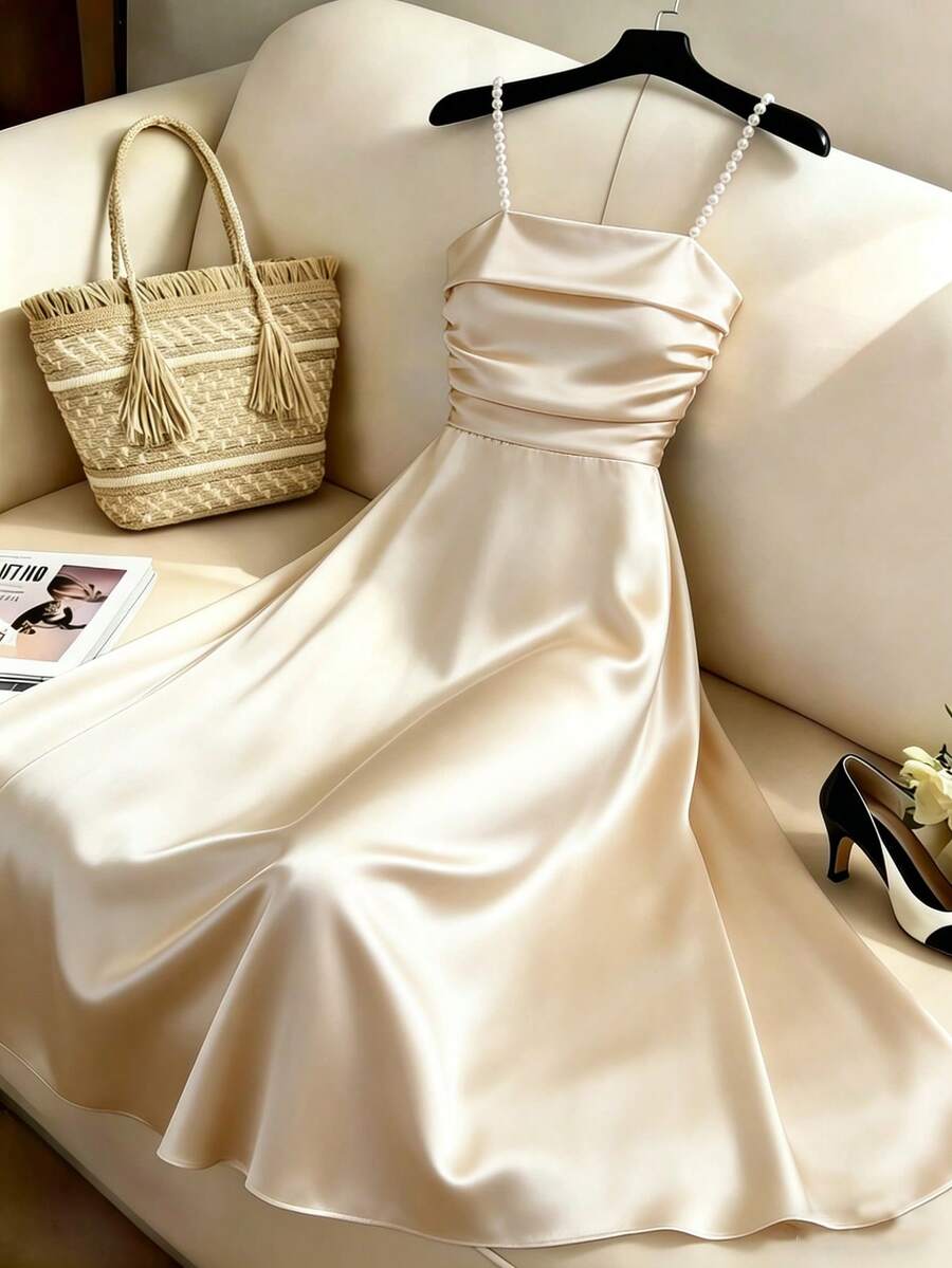 GlowEve Vestido de satén elegante con tirantes con cuentas para mujer para el verano - Albaricoque - Ver 1