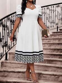 Lady Vestido elegante de manga abullonada con cuello de corazón y textura de unicolor para mujer de talla grande - Blanco - Ver 5