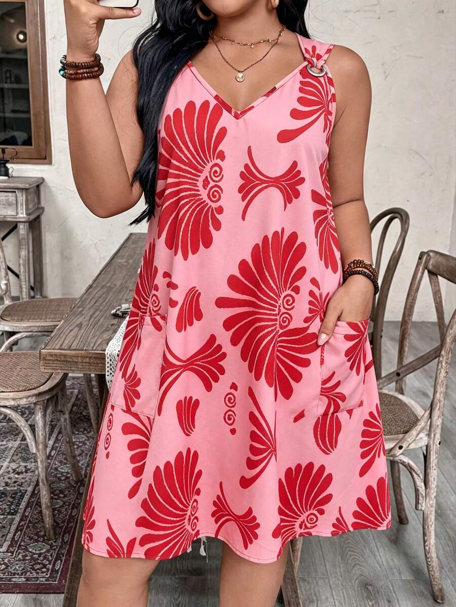 EMERY ROSE Vestido de verano casual estampado de tela para mujer de talla grande - Rosa - Ver 1