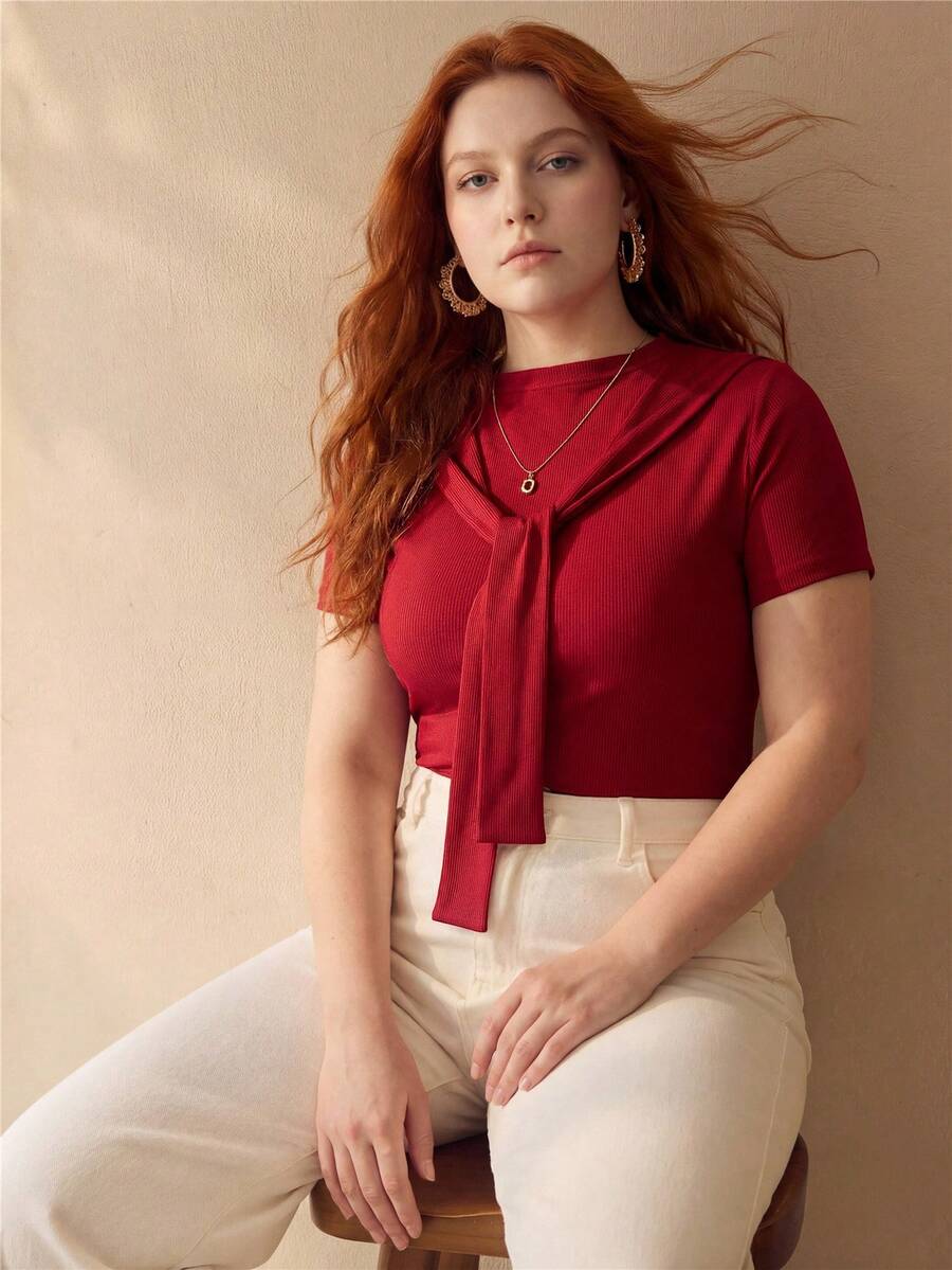MOTF PREMIUM PLUS SIZE WOMEN'S RIBBED TIE-UP DECOR CASUAL COMMUTE VERSATILE T-SHIRT - Red - View 1