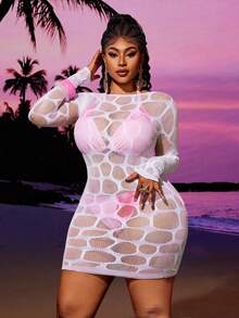 Maweii Plus Size Women's Sexy Sheer Mesh Elastic Long Sleeve Bodycon Dress - White - View 6