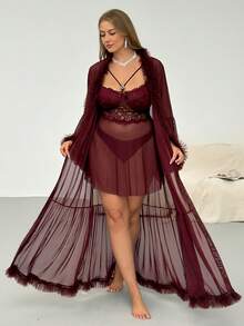 Auralis 3D Mesh Plus Size Sleeve Sexy Sheer Mesh Maxi Robe For Plus Size Women Sexy Lace Patchwork Sheer Mesh Open Back Plus Size Women Robe Set Wine Red Dress For Women Elegant Women Sleepwear For Party Red Dress For Women Summer Sleepwear - Maroon - View 7