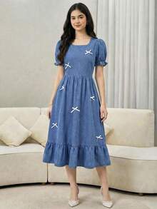 Elegant Vacation Seaside Boat Neck Puff Sleeve Bowknot Decor Waist Dress,Teen Girls Light Green Modest Dress Long Modest Dresses For Girls And Ladies Teen Modest Dress,Suitable For Spring And Summer,Season Vintage//Beach/Sea/Elegant Graduation Outfit,Casual Women's Jumpsuit,Summer Holiday Outfits ,Spring Clothes Outfit,Beach Outfits For Women,Vacation Outfits Women,Valentine's Day Outfit - Medium Wash - View 2