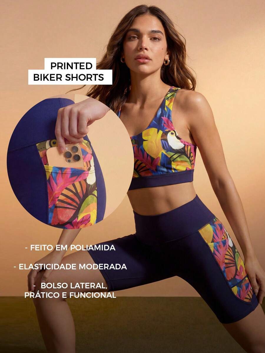 CAJUNI Quần short/quần legging họa tiết có túi đựng điện thoại - Màu xanh hải quân - Xem 1