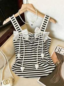 GlowEve Top de tirantes con lazo de flor 3D y tela a rayas para mujer, verano - Blanco y Negro - Ver 1