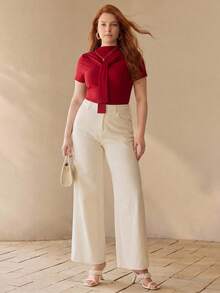 MOTF PREMIUM PLUS SIZE WOMEN'S RIBBED TIE-UP DECOR CASUAL COMMUTE VERSATILE T-SHIRT - Red - View 3