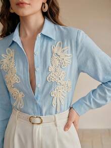 Anewsta Nueva llegada Primavera/Verano Elegante Moda Casual Salir de Vacaciones Cita Camisa de lino de manga larga bordada - Celeste - Ver 2