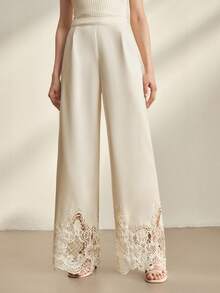 Anewsta Elegant Loose Floral Lace Hollow Out Beige Wide-Leg Pants, Suitable For Spring And Summer - Apricot - View 2
