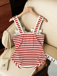 GlowEve Áo tank top nữ kẻ sọc, đính hoa 3D và nơ ruy băng, thích hợp mặc mùa hè. - Đỏ - Xem 2