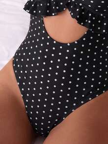 SHEIN Swim Mod 2026 Spring/Summer New Leopard Print Random Floral Adjustable Spaghetti Strap V-Neck Ruffled One-Piece Bikini Swimsuit - Black and White - View 3