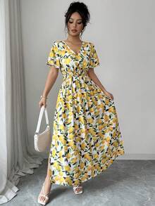 Elenzga Đầm nữ dáng chữ A, cổ chữ V, eo chun, xẻ tà hai bên, tay chuông, chất liệu vải lanh pha, thắt nút tre đơn, in họa tiết chanh, kiểu dáng thanh lịch, lãng mạn, cổ điển, phù hợp cho đi làm, công sở, đi biển, dạo phố, đa năng, mùa xuân/hè. - Màu vàng - Xem 6