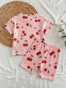 SHEIN Vintaside Kids Ensemble t-shirt imprimé simple et à la mode à col rond et sans manches pour bébé fille d'été, assorti à des shorts décontractés simples et polyvalents, convenant aux loisirs quotidiens, aux jeux de plage ou aux promenades au parc - Rose bonbon - Voir 2