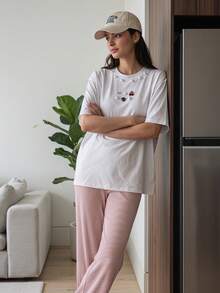 Solavon Women's Casual Cute Elegant Solid Color Cherry Bow Decor Round Neck Short Sleeve T-Shirt Everyday White Summer - White - View 6
