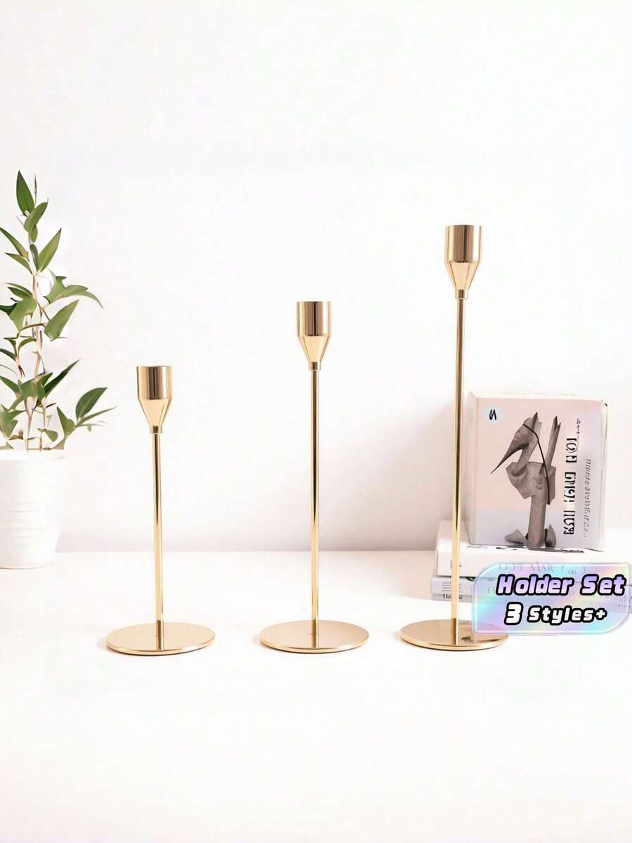3PCS Tabletop Elegant Electroplated Silver Gold Metal Candle Holder Set Wedding Centerpiece Home Decor Party Modern Vintage Luxury - A - View 1