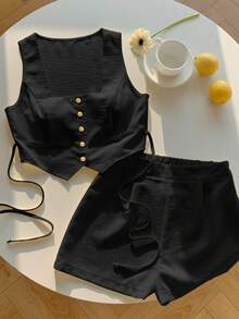 Conjunto de 2 piezas de mujer con cárdigan a rayas color albaricoque y shorts - Negro - Ver 10