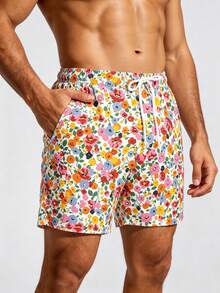 Manfinity Swimmode 夏季男士白色碎花印花沙灘短褲，波希米亞度假風，泳池派對夏威夷熱帶游泳洗浴沙灘短褲 - 彩色 - 查看 3