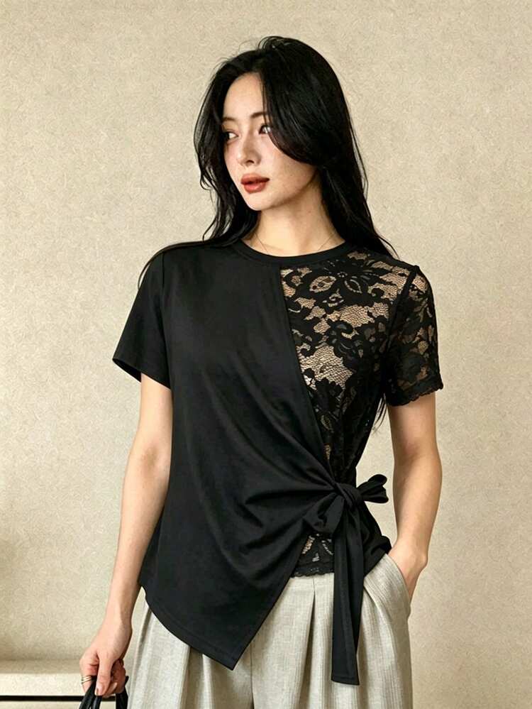 Women's Black Lace Patchwork Asymmetrical Waist Tie Casual Commuter T-Shirt