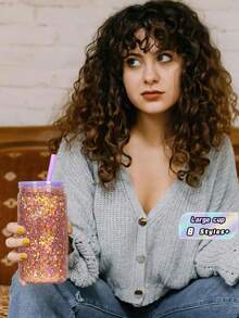 1个多色双层塑料杯，带盖和吸管，16盎司冰咖啡杯，适合DIY雪球杯，可爱的圣诞节、情人节和生日礼物，适合送给女性、男性、朋友、同事和家人。 - 彩色 - 查看 3