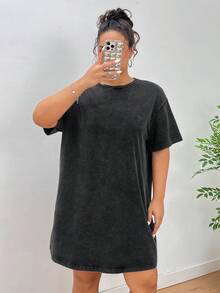 SHEIN EZwear 大码女式休闲宽松酸洗复古T恤连衣裙，百搭日常穿着，适合返校季、夏季至初秋穿着 - 黑色 - 查看 7