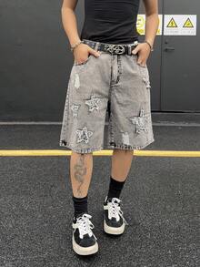 Manfinity EMRG Men's Pocket Frayed Five-Pointed Star Denim Wide Leg Shorts - Grey - View 4