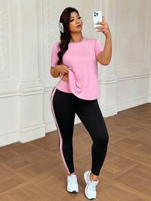 SHEIN Rhythm Era 大码女式纯色短袖上衣和裤子休闲运动套装 - 彩色 - 查看 4