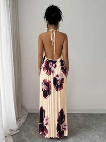 SHEIN Elenzya Đầm maxi xếp ly dáng rộng in họa tiết dành cho nữ, kiểu dáng thanh lịch, thoải mái, thích hợp cho kỳ nghỉ hoặc đi làm, mùa xuân/hè. - Màu Khaki - Xem 2