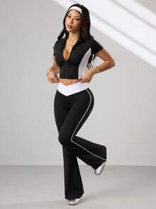 Dewbera Women's Black And White Summer Sexsy Gym Sports Yoga Suit,Short Sleeve Zip-Up Jacket,V-Shape Contrast Waistband Flared Leg Pants,Side Stripe Accent - Black - View 5