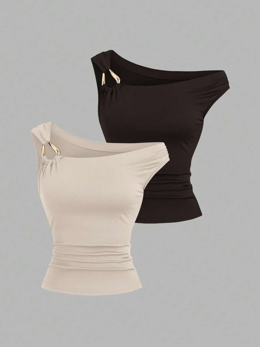Sweetra Set de 2 camisetas ajustadas con cuello asimétrico, top casual versátil, primavera/verano - Multicolor - Ver 1